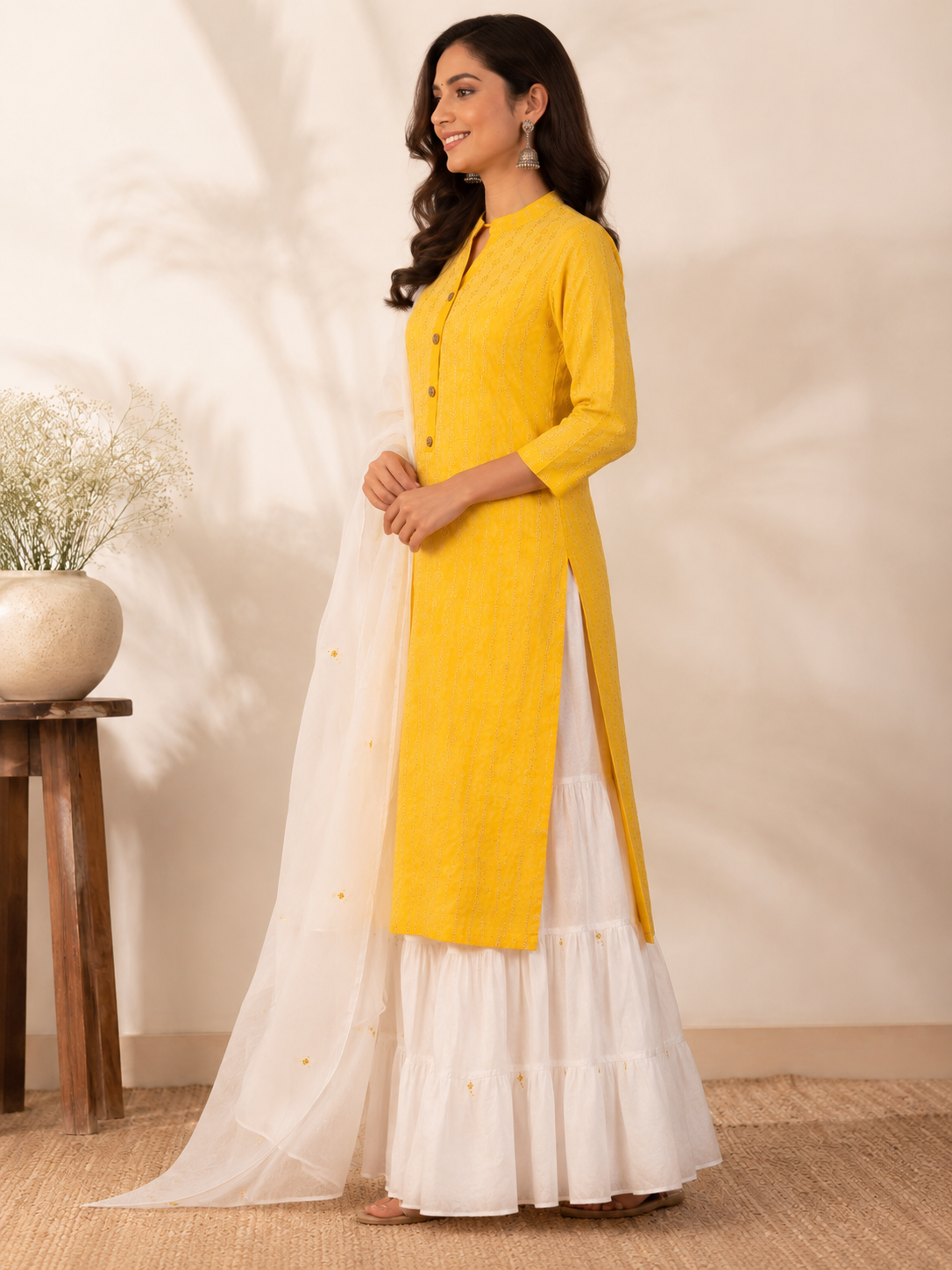 Yellow Kurta Sharara Set with White Dupatta
