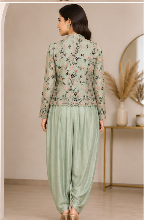Sage Dupion Silk Drape Dress with Embroidered Jacket