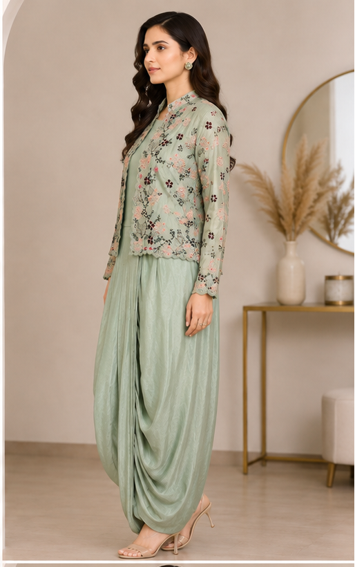 Sage Dupion Silk Drape Dress with Embroidered Jacket