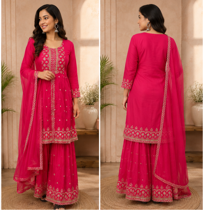 Magenta Cotton Embroidered Kurta Sharara Set with Dupatta