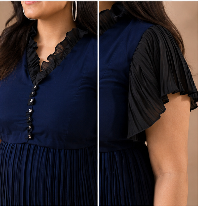 Navy Blue & Black Crepe Pleated Top