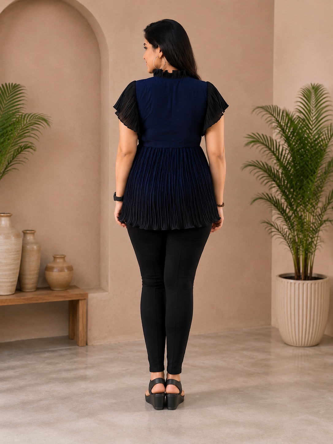 Navy Blue & Black Crepe Pleated Top