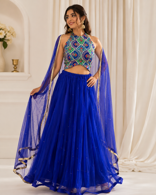 Royal Blue Net Lehenga Set with Embroidered Halter Neck Blouse