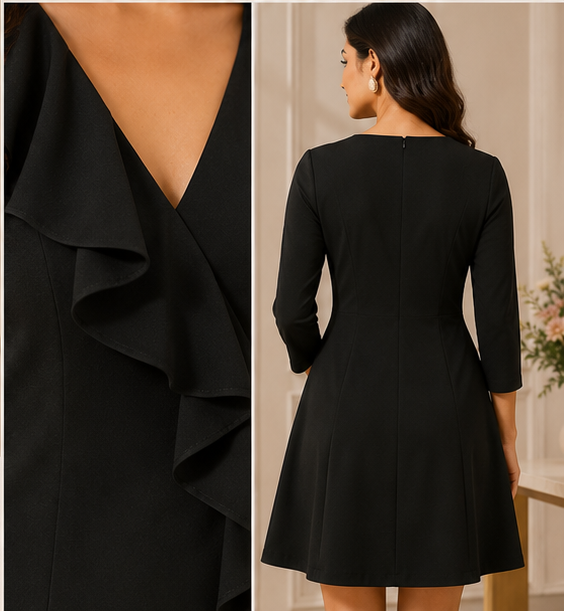 Black Banana Crepe A-Line Ruffle Dress
