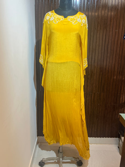 3 Pc Yellow Embroidered Kaftan Set