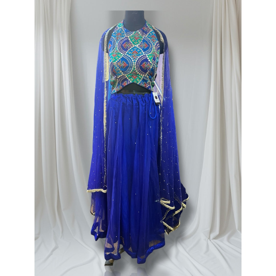 Royal Blue Net Lehenga Set with Embroidered Halter Neck Blouse