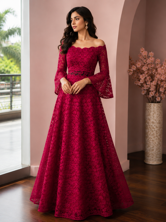 Magenta Floral Lace Off-Shoulder Evening Gown