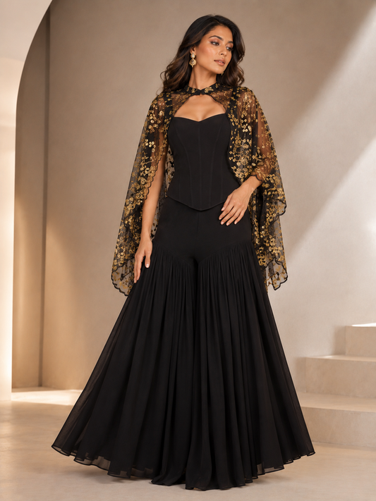 Midnight Black Corset Sharara Set with floral Embroidered net Cape