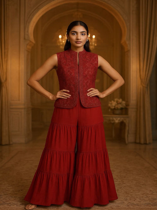 Red Sharara Jacket Fusion Wear