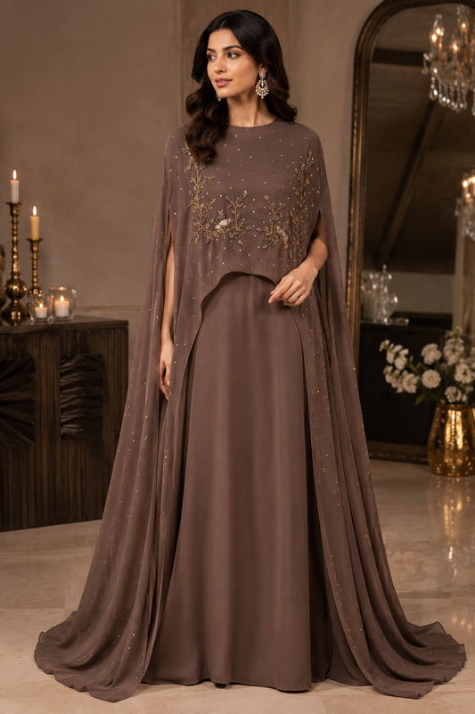 Mocha Embellished Cape Evening Gown
